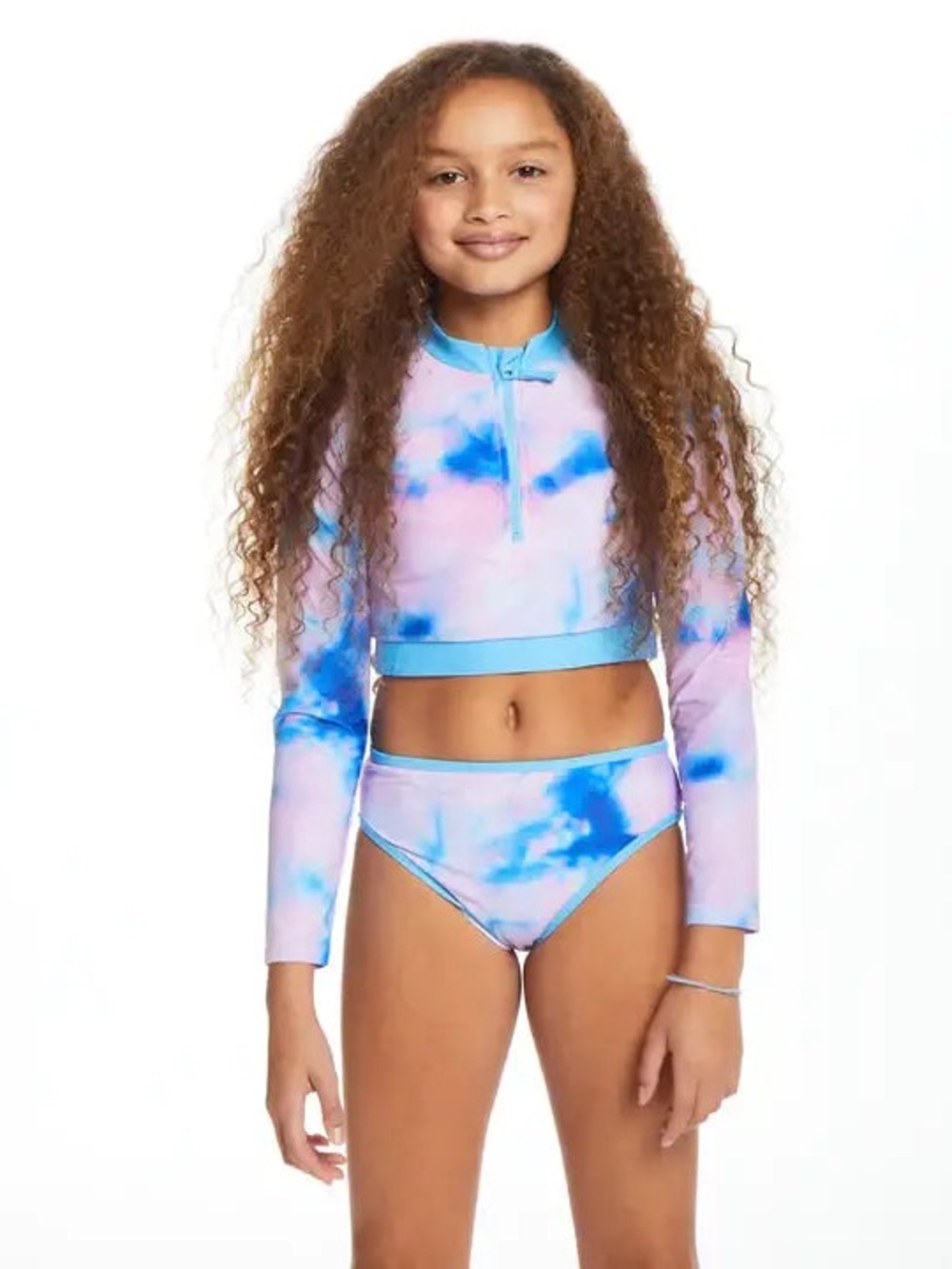 Andy & Evan Girls' Pink & Blue Tie-Dye Long Sleeve Rashguard Set